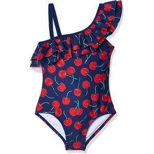 Kanu Surf size 14 Girls' Morgan Floral Ruffle 1-Shoulder 1-Piece cherry Swimsuit